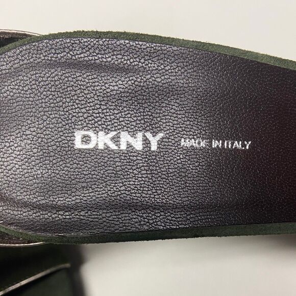 DKNY Green Suede D'Orsay Heels Size 10 Ankle Strap Peep Toe Metallic Trim Italy - Picture 9 of 9